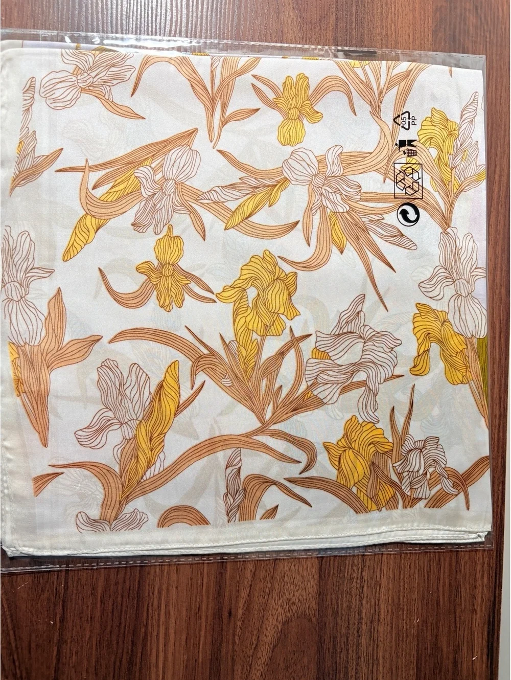 Elegant Satin Polyester Floral Scarf in Orange, Yellow, and Green – 68cm x 68cm